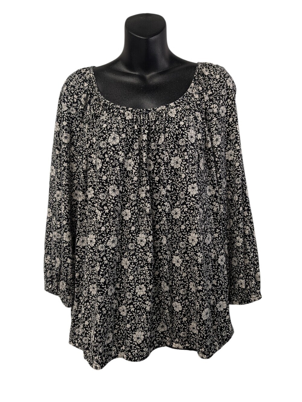 Michael Michael Kors L Black White Floral Peasant Blouse Long Sleeve Cotton Top